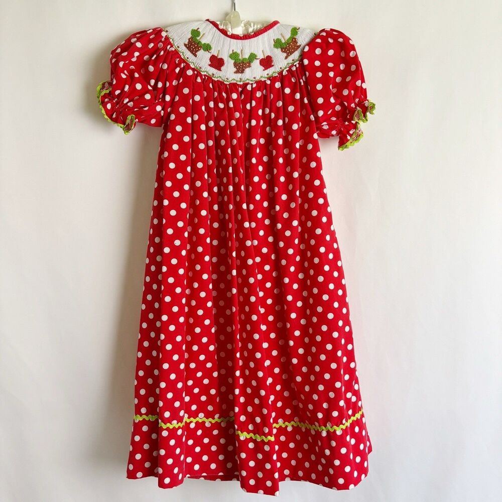 Molly Pop Little Girl's Smocked Red Polka Dot Embroidered Candy Apple Dress S-5